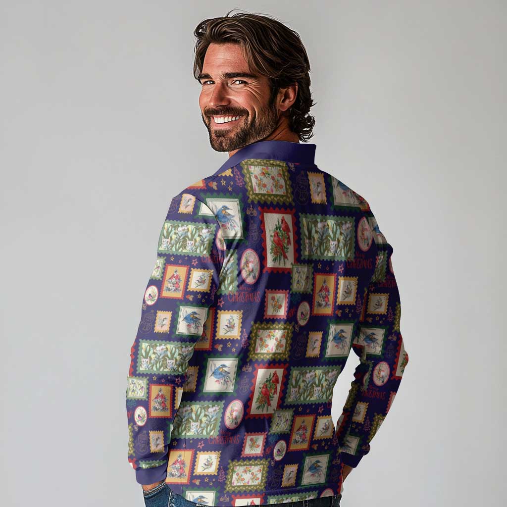 Aussie Birds Christmas La La Land Long Sleeve Polo Shirt Navy Blue Vintage Stamp Edition - Aussie Hoodie