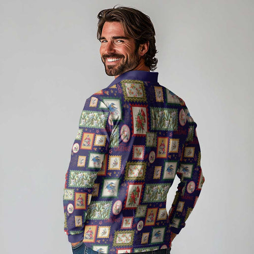 Aussie Birds Christmas La La Land Long Sleeve Polo Shirt Navy Blue Vintage Stamp Edition - Aussie Hoodie