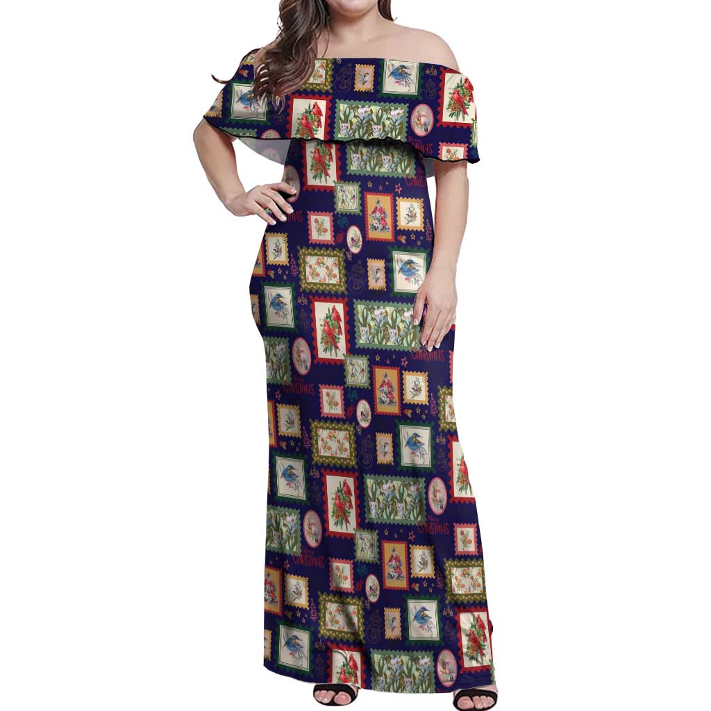 Aussie Birds Christmas La La Land Off Shoulder Maxi Dress Navy Blue Vintage Stamp Edition - Aussie Hoodie