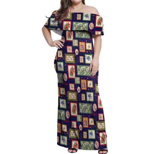 Aussie Birds Christmas La La Land Off Shoulder Maxi Dress Navy Blue Vintage Stamp Edition - Aussie Hoodie