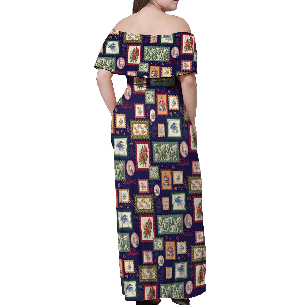 Aussie Birds Christmas La La Land Off Shoulder Maxi Dress Navy Blue Vintage Stamp Edition - Aussie Hoodie