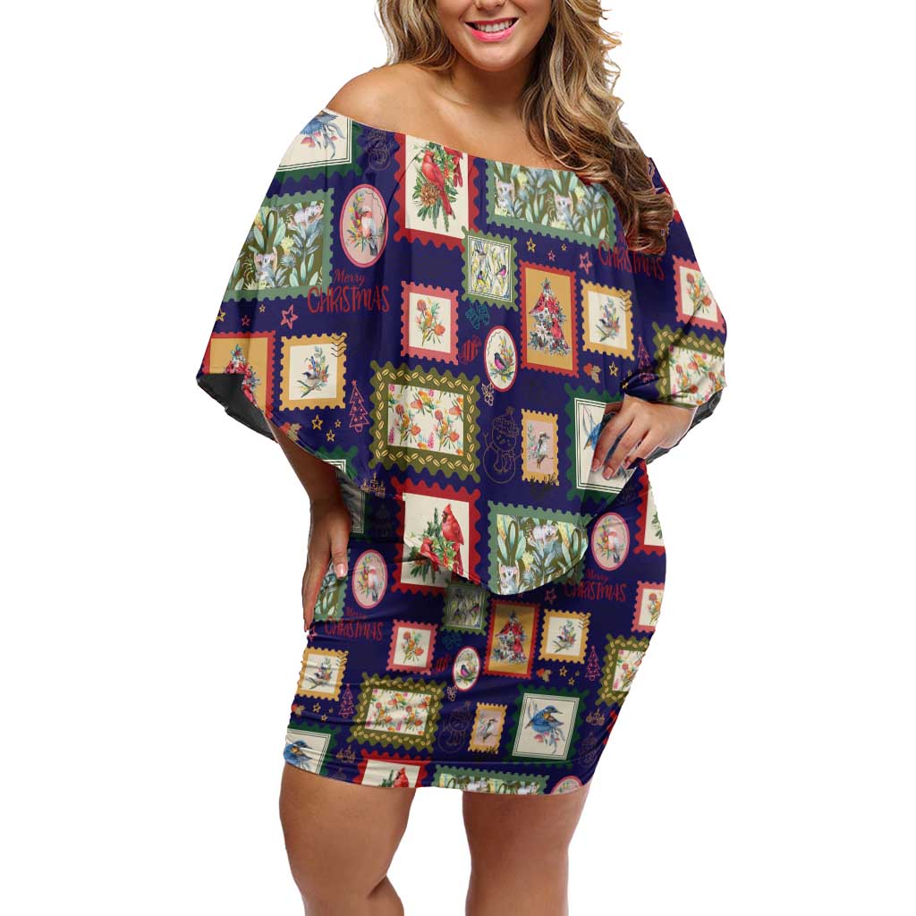 Aussie Birds Christmas La La Land Off Shoulder Short Dress Navy Blue Vintage Stamp Edition - Aussie Hoodie