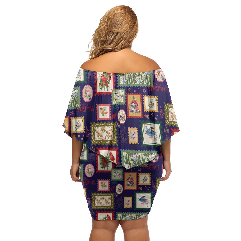 Aussie Birds Christmas La La Land Off Shoulder Short Dress Navy Blue Vintage Stamp Edition - Aussie Hoodie