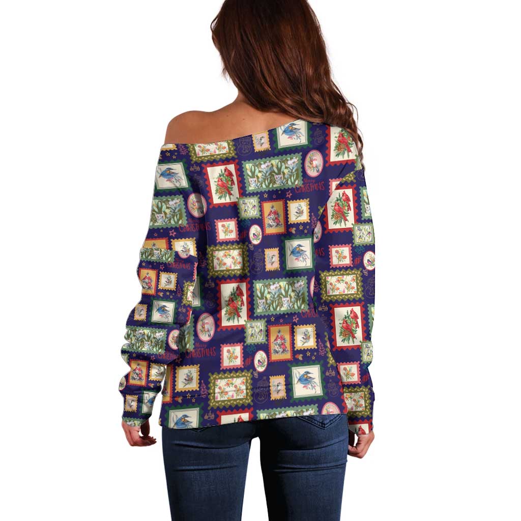 Aussie Birds Christmas La La Land Off Shoulder Sweater Navy Blue Vintage Stamp Edition - Aussie Hoodie