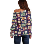Aussie Birds Christmas La La Land Off Shoulder Sweater Navy Blue Vintage Stamp Edition - Aussie Hoodie