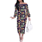 Aussie Birds Christmas La La Land Off The Shoulder Long Sleeve Dress Navy Blue Vintage Stamp Edition - Aussie Hoodie