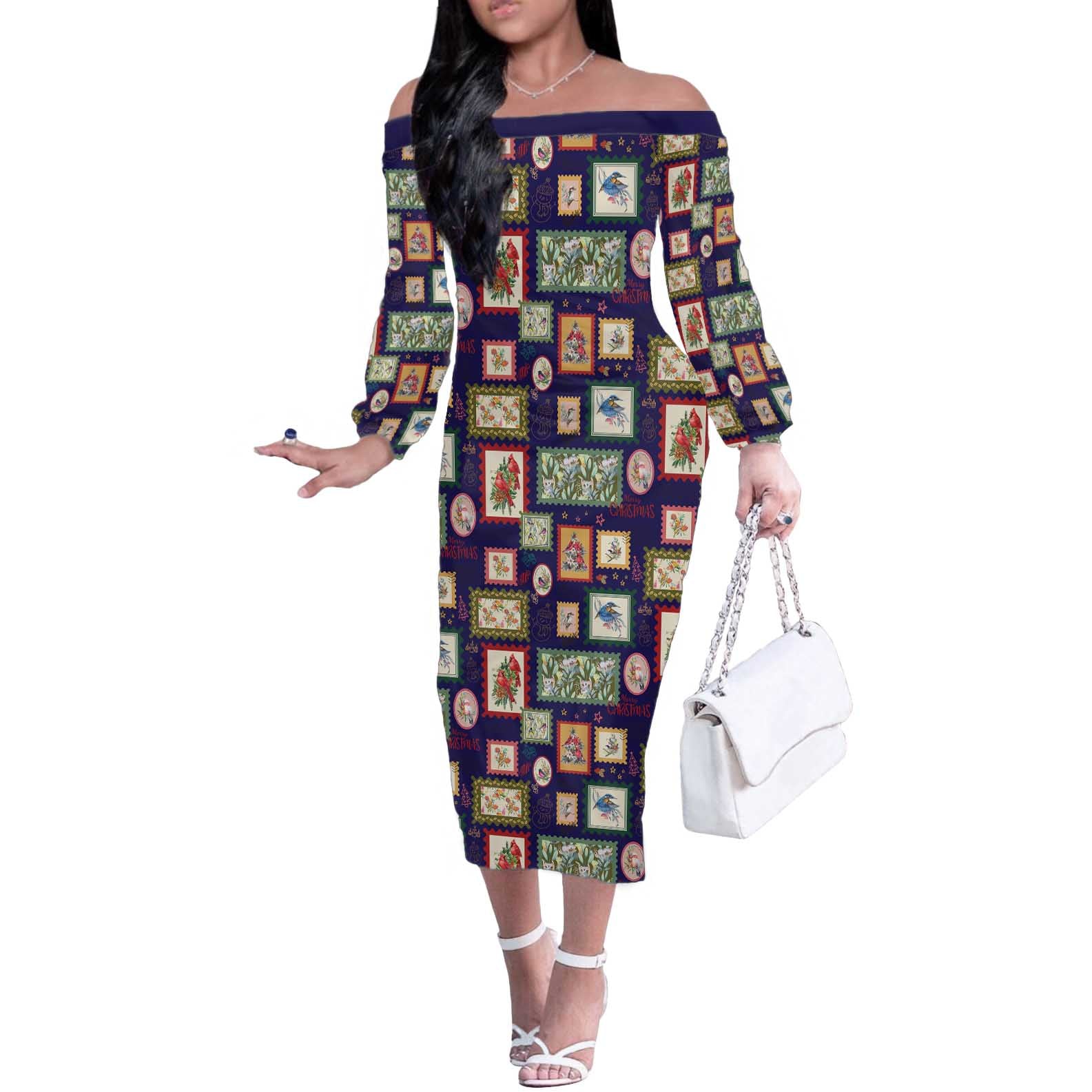 Aussie Birds Christmas La La Land Off The Shoulder Long Sleeve Dress Navy Blue Vintage Stamp Edition - Aussie Hoodie