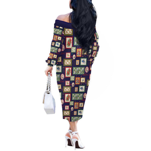 Aussie Birds Christmas La La Land Off The Shoulder Long Sleeve Dress Navy Blue Vintage Stamp Edition - Aussie Hoodie