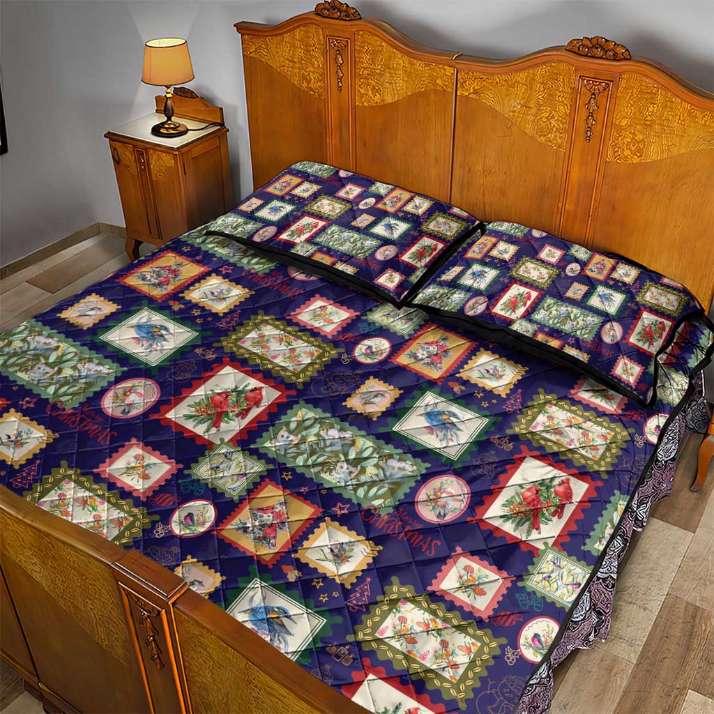Aussie Birds Christmas La La Land Quilt Bed Set Navy Blue Vintage Stamp Edition - Aussie Hoodie