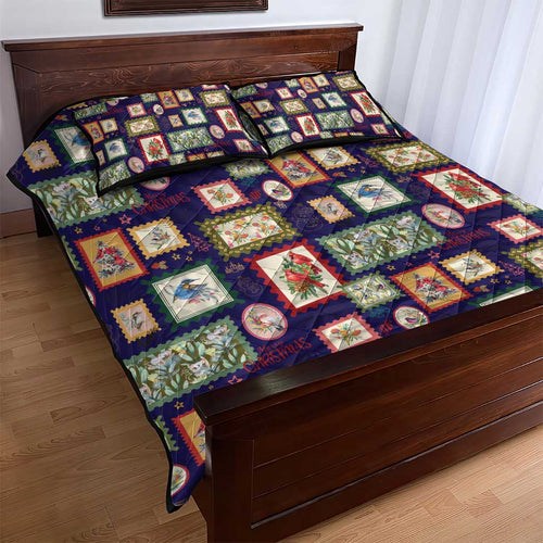 Aussie Birds Christmas La La Land Quilt Bed Set Navy Blue Vintage Stamp Edition - Aussie Hoodie