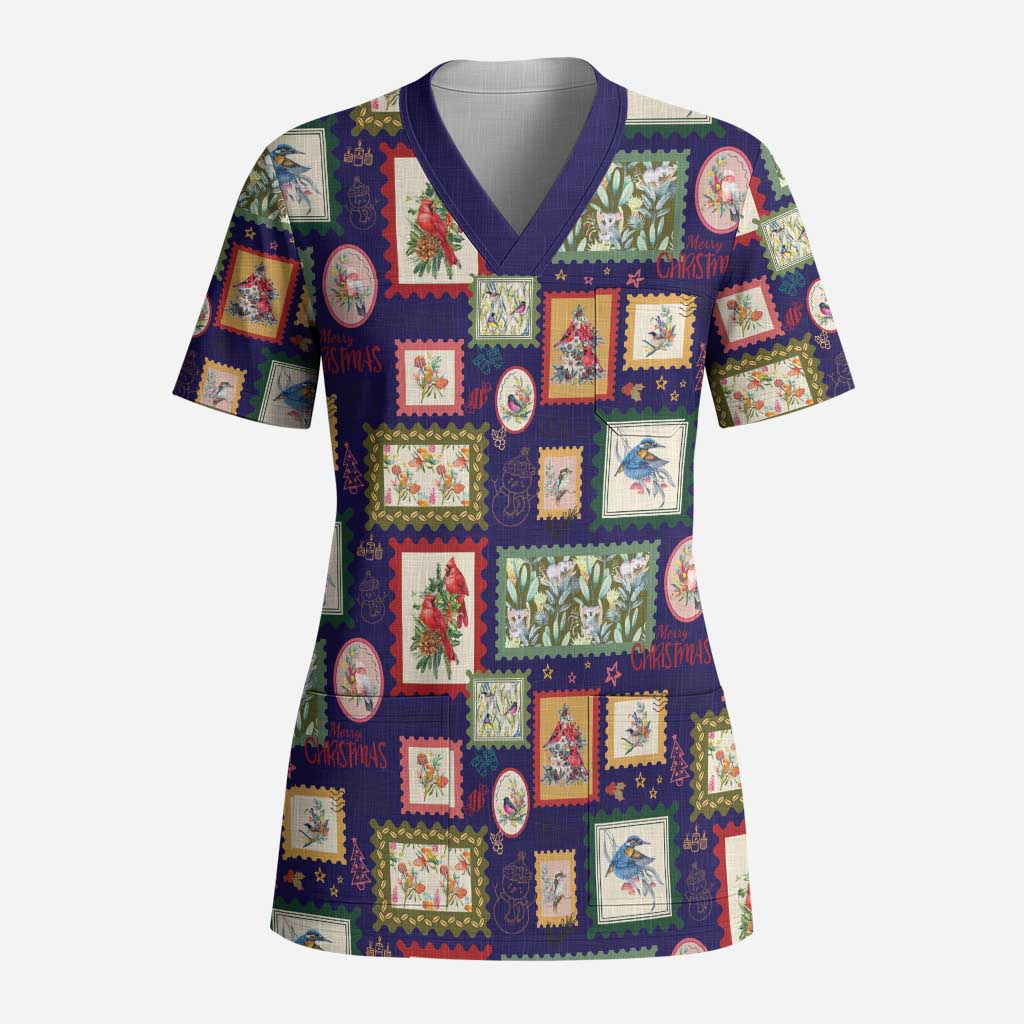 Aussie Birds Christmas La La Land Scrub Top Navy Blue Vintage Stamp Edition - Aussie Hoodie