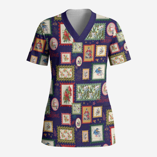 Aussie Birds Christmas La La Land Scrub Top Navy Blue Vintage Stamp Edition - Aussie Hoodie