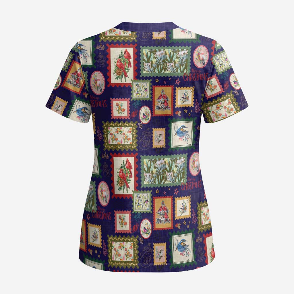 Aussie Birds Christmas La La Land Scrub Top Navy Blue Vintage Stamp Edition - Aussie Hoodie