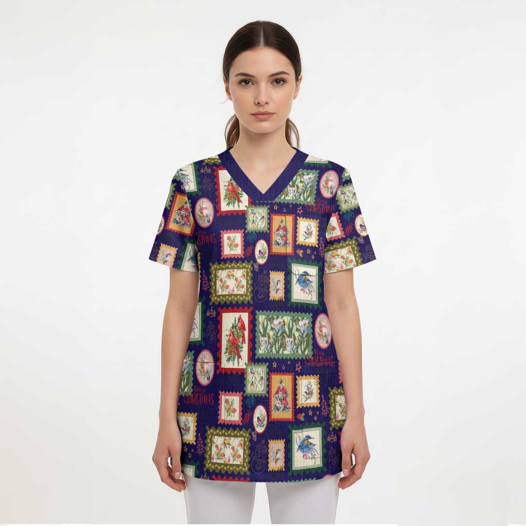 Aussie Birds Christmas La La Land Scrub Top Navy Blue Vintage Stamp Edition - Aussie Hoodie