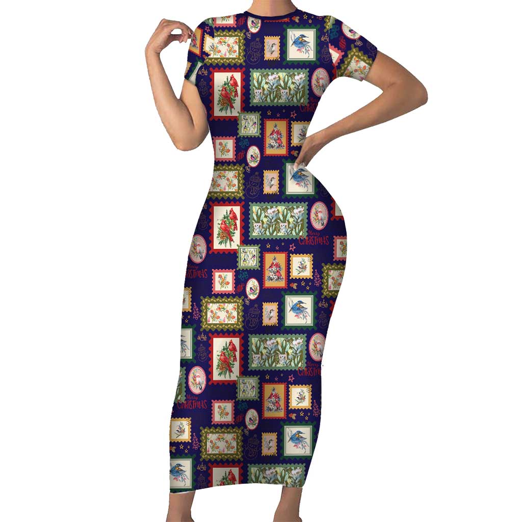 Aussie Birds Christmas La La Land Short Sleeve Bodycon Dress Navy Blue Vintage Stamp Edition - Aussie Hoodie