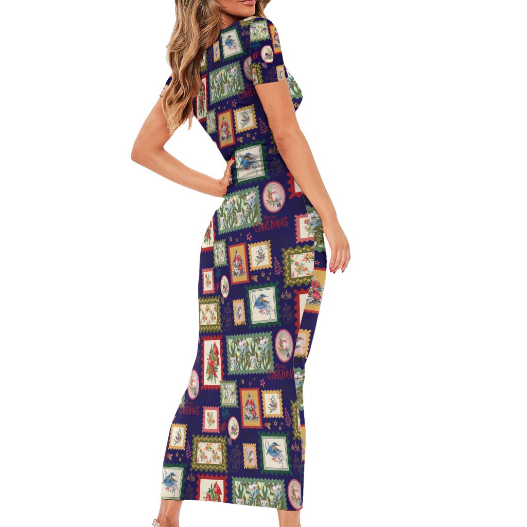 Aussie Birds Christmas La La Land Short Sleeve Bodycon Dress Navy Blue Vintage Stamp Edition - Aussie Hoodie
