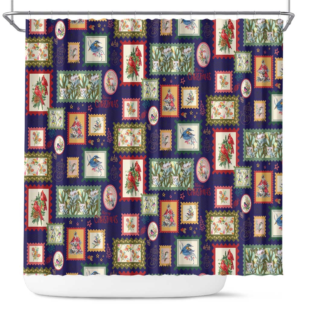 Aussie Birds Christmas La La Land Shower Curtain Navy Blue Vintage Stamp Edition - Aussie Hoodie