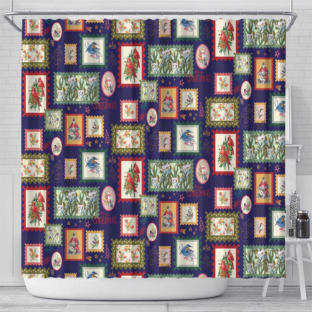 Aussie Birds Christmas La La Land Shower Curtain Navy Blue Vintage Stamp Edition - Aussie Hoodie