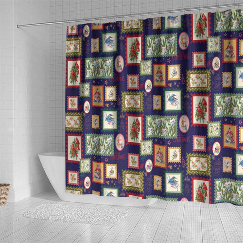 Aussie Birds Christmas La La Land Shower Curtain Navy Blue Vintage Stamp Edition - Aussie Hoodie