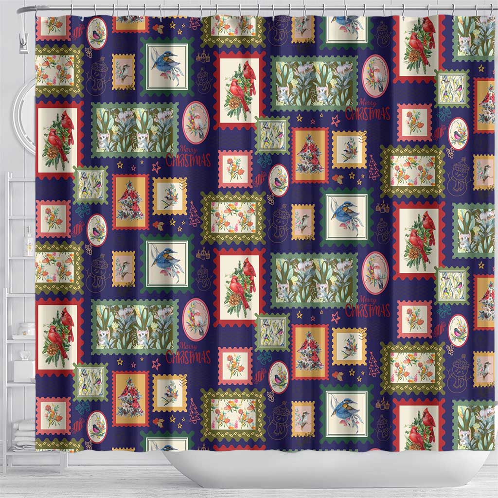 Aussie Birds Christmas La La Land Shower Curtain Navy Blue Vintage Stamp Edition - Aussie Hoodie