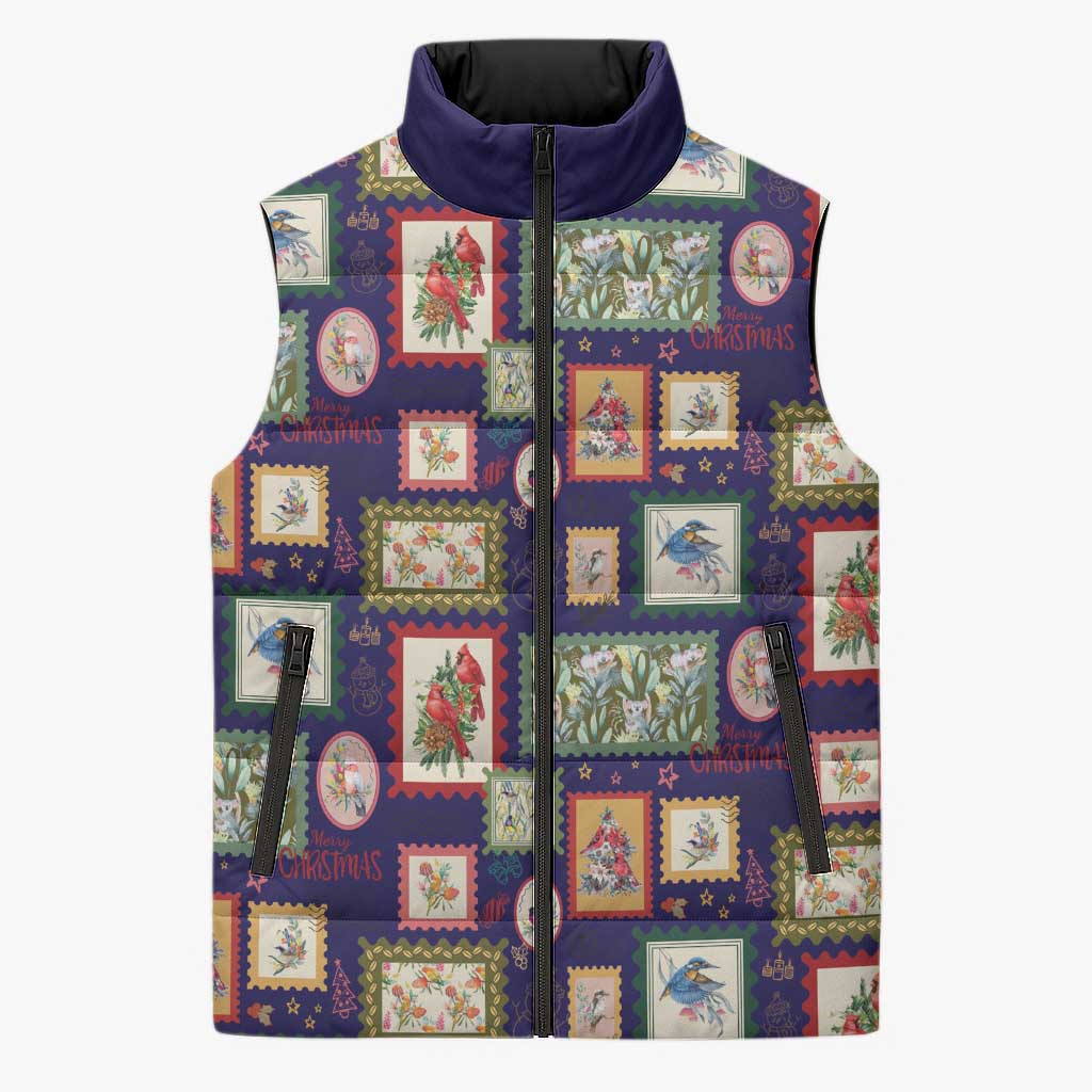 Aussie Birds Christmas La La Land Sleeveless Puffer Jacket Navy Blue Vintage Stamp Edition - Aussie Hoodie