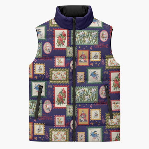 Aussie Birds Christmas La La Land Sleeveless Puffer Jacket Navy Blue Vintage Stamp Edition - Aussie Hoodie