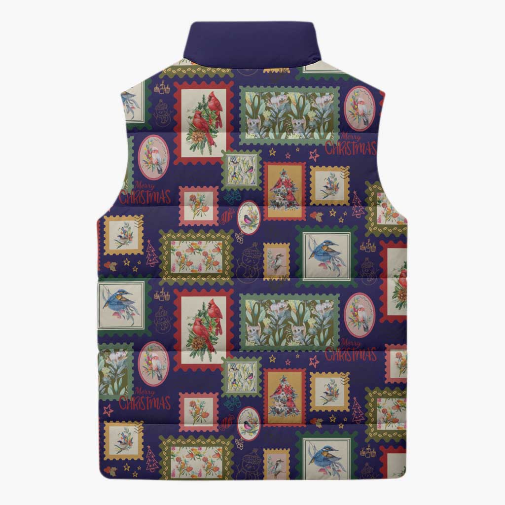 Aussie Birds Christmas La La Land Sleeveless Puffer Jacket Navy Blue Vintage Stamp Edition - Aussie Hoodie