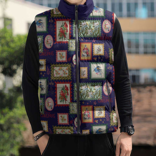 Aussie Birds Christmas La La Land Sleeveless Puffer Jacket Navy Blue Vintage Stamp Edition - Aussie Hoodie
