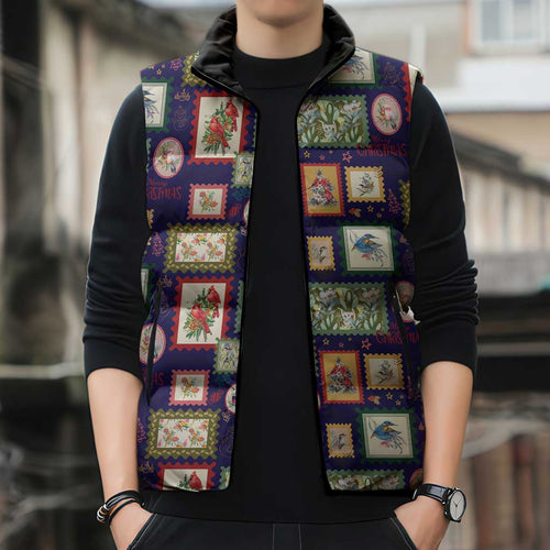 Aussie Birds Christmas La La Land Sleeveless Puffer Jacket Navy Blue Vintage Stamp Edition - Aussie Hoodie