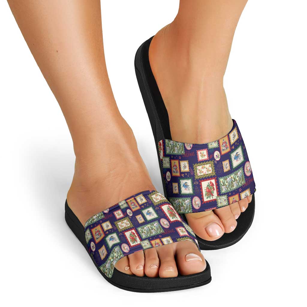 Aussie Birds Christmas La La Land Slide Sandals Navy Blue Vintage Stamp Edition - Aussie Hoodie