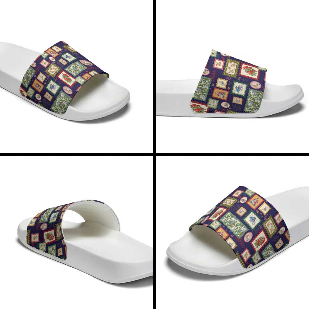 Aussie Birds Christmas La La Land Slide Sandals Navy Blue Vintage Stamp Edition - Aussie Hoodie