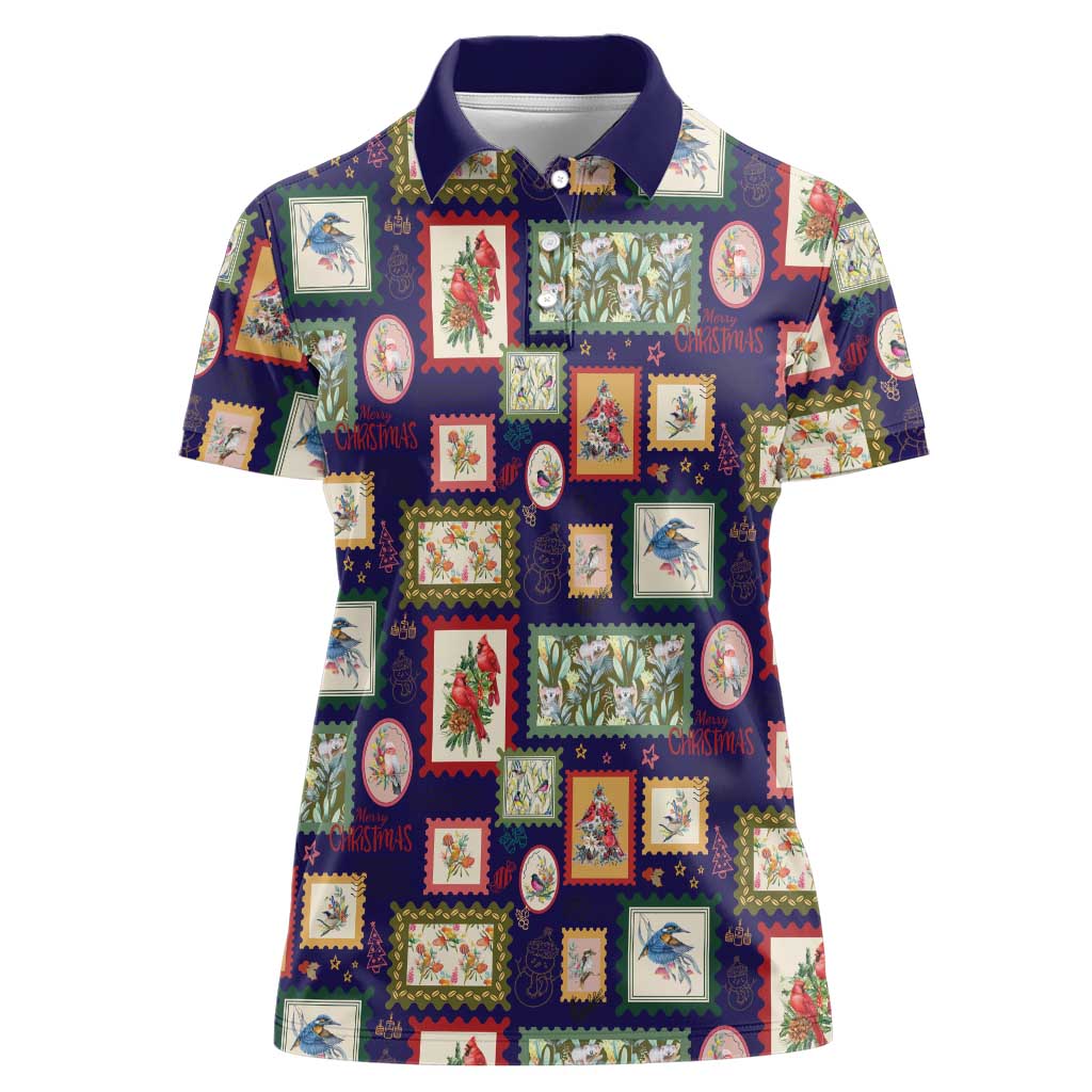 Aussie Birds Christmas La La Land Women Polo Shirt Navy Blue Vintage Stamp Edition - Aussie Hoodie