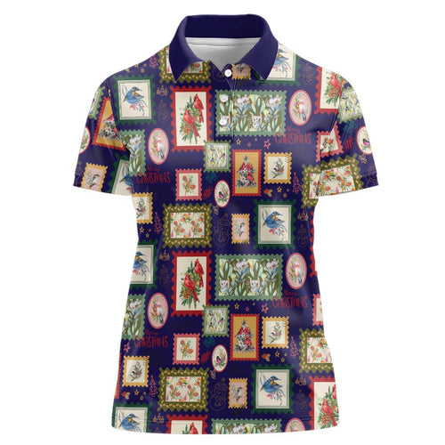 Aussie Birds Christmas La La Land Women Polo Shirt Navy Blue Vintage Stamp Edition - Aussie Hoodie