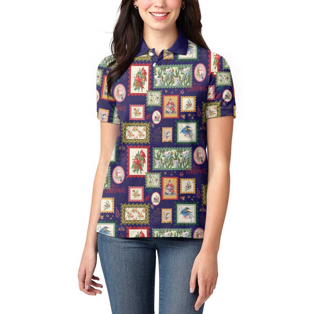 Aussie Birds Christmas La La Land Women Polo Shirt Navy Blue Vintage Stamp Edition - Aussie Hoodie