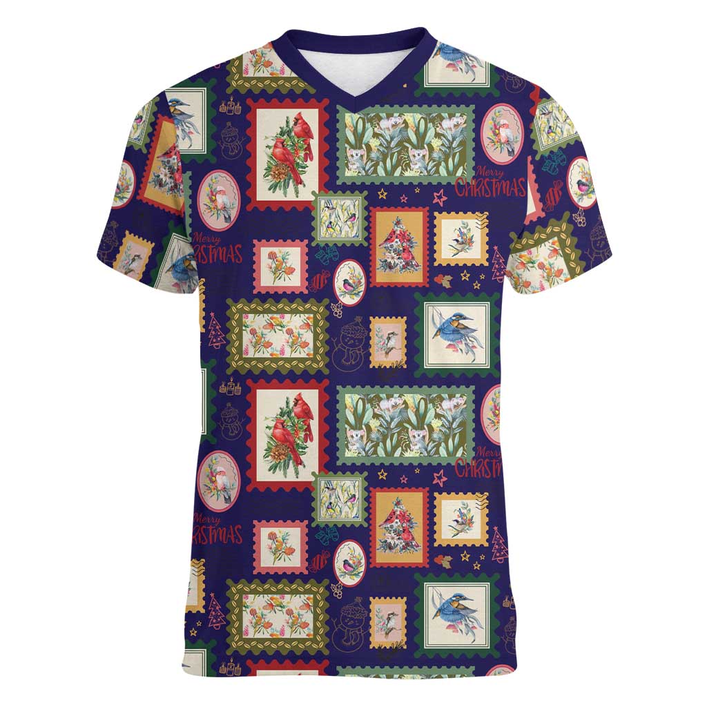 Aussie Birds Christmas La La Land Women V-Neck T-Shirt Navy Blue Vintage Stamp Edition - Aussie Hoodie