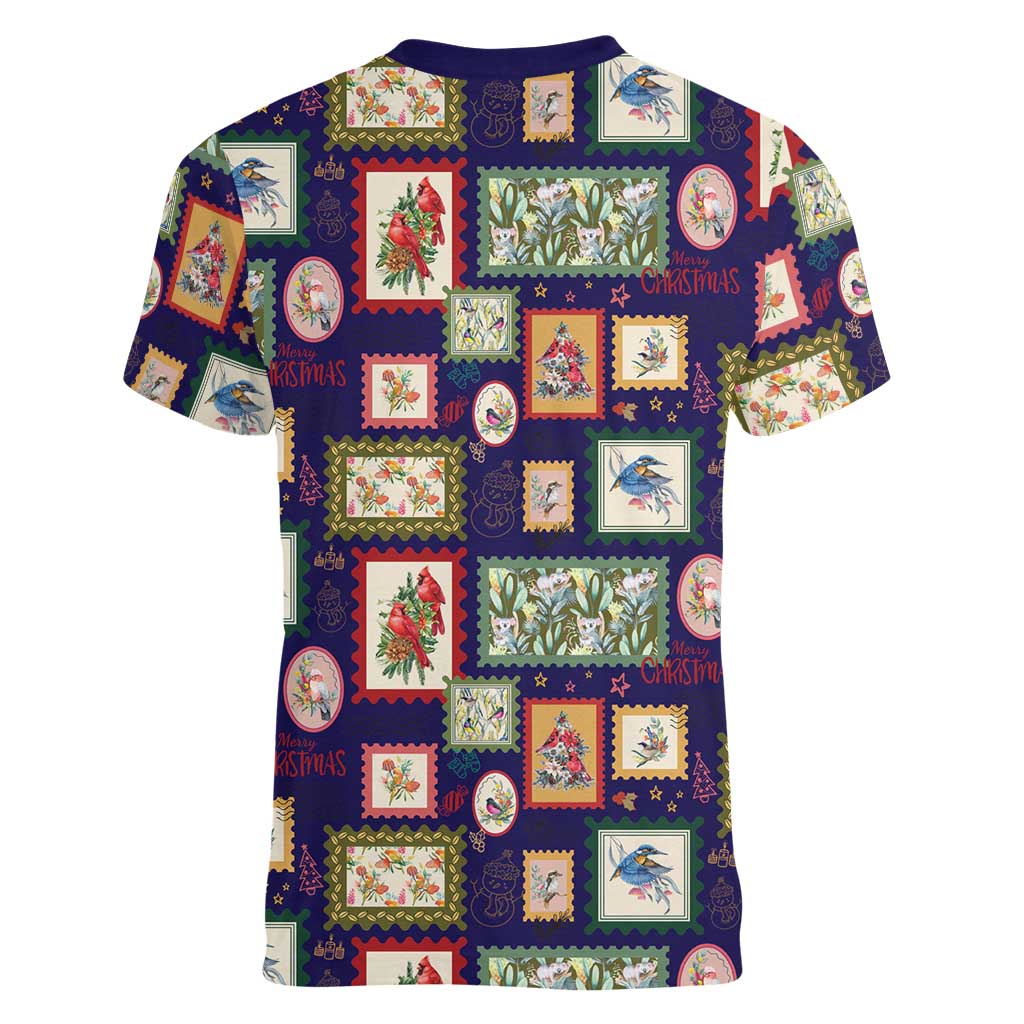 Aussie Birds Christmas La La Land Women V-Neck T-Shirt Navy Blue Vintage Stamp Edition - Aussie Hoodie