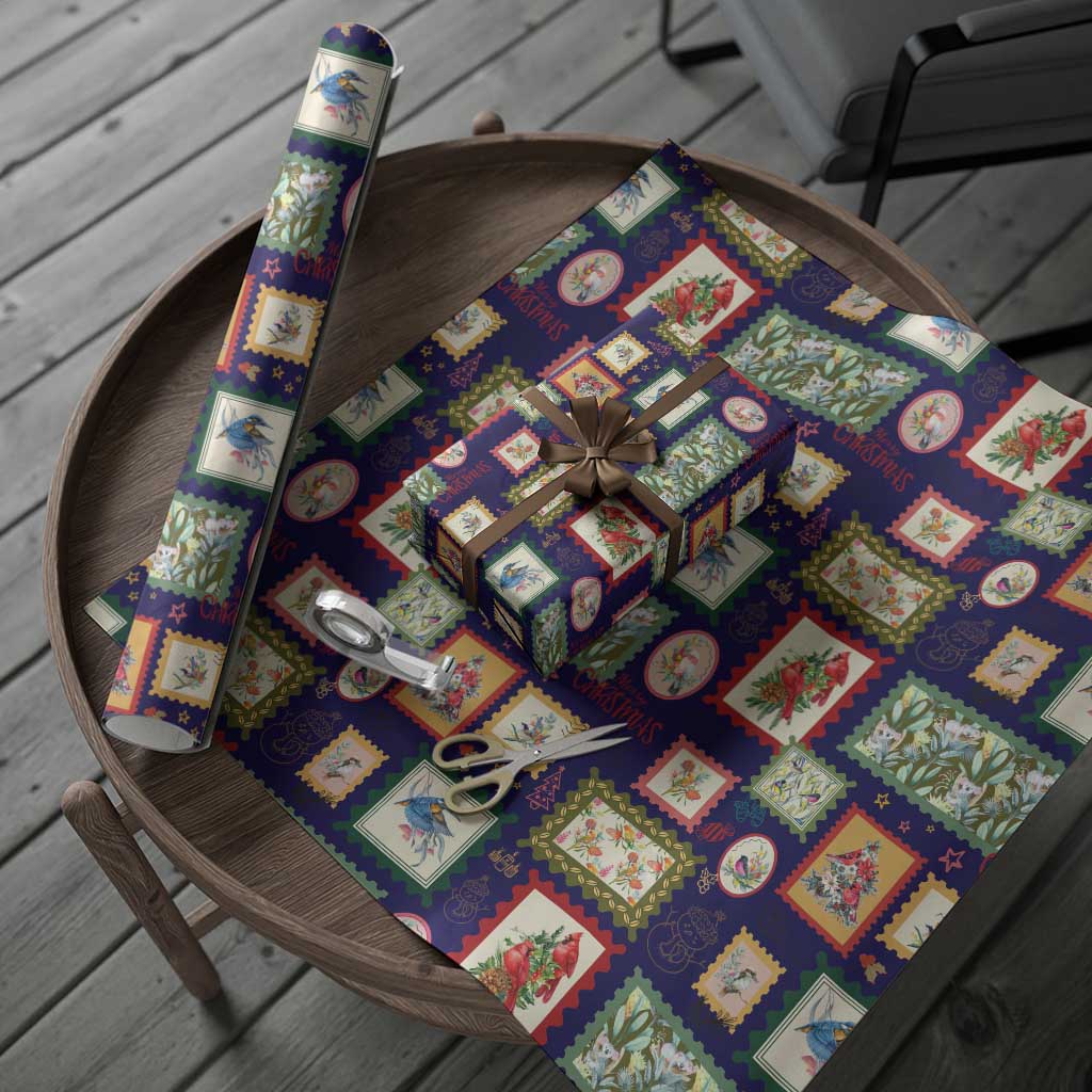 Aussie Birds Christmas La La Land Wrapping Paper Navy Blue Vintage Stamp Edition - Aussie Hoodie
