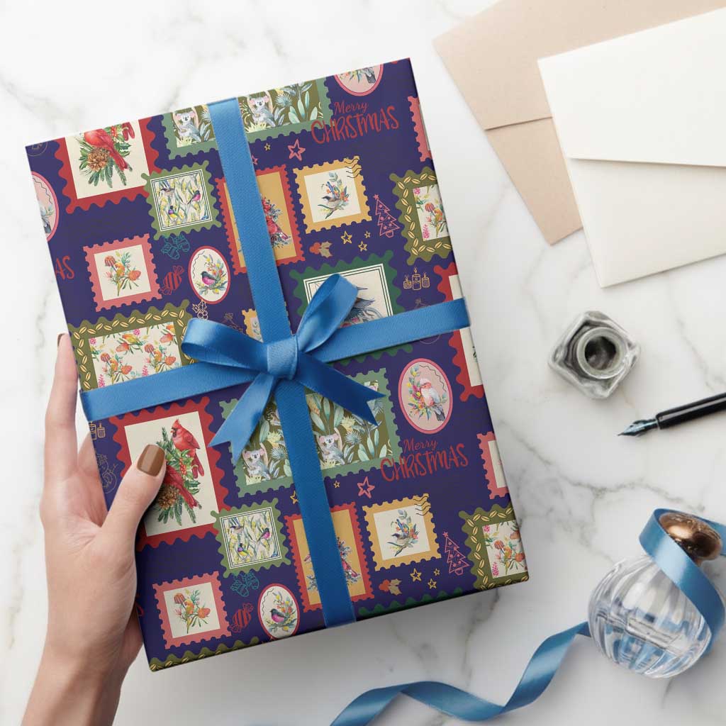 Aussie Birds Christmas La La Land Wrapping Paper Navy Blue Vintage Stamp Edition - Aussie Hoodie
