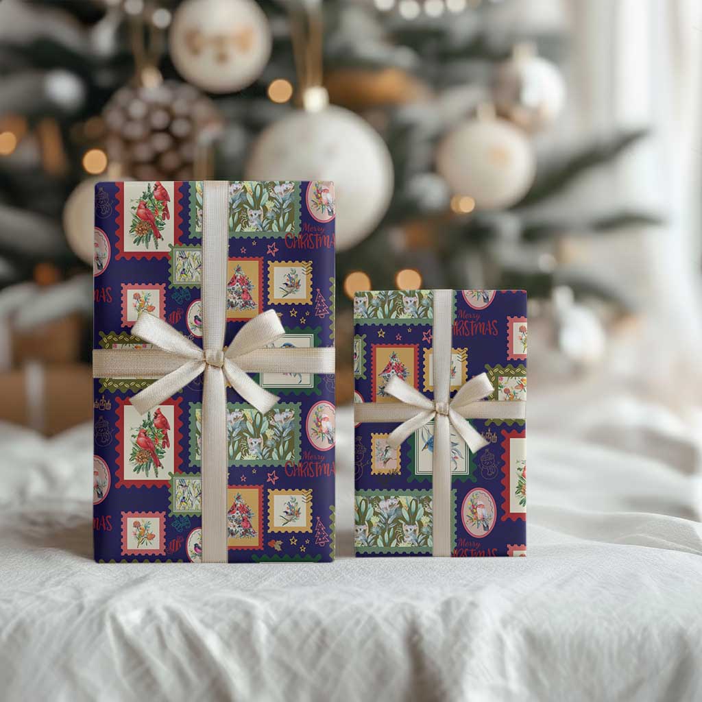 Aussie Birds Christmas La La Land Wrapping Paper Navy Blue Vintage Stamp Edition - Aussie Hoodie