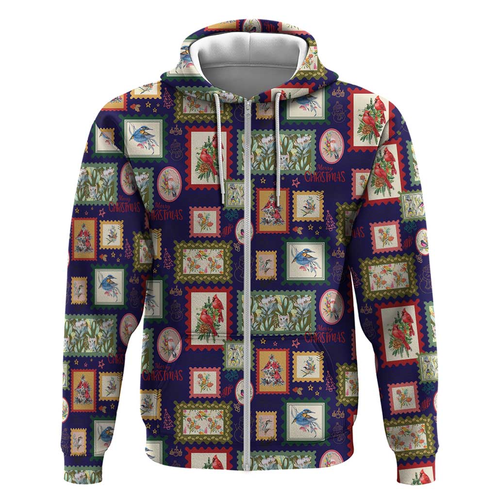 Aussie Birds Christmas La La Land Zip Hoodie Navy Blue Vintage Stamp Edition - Aussie Hoodie