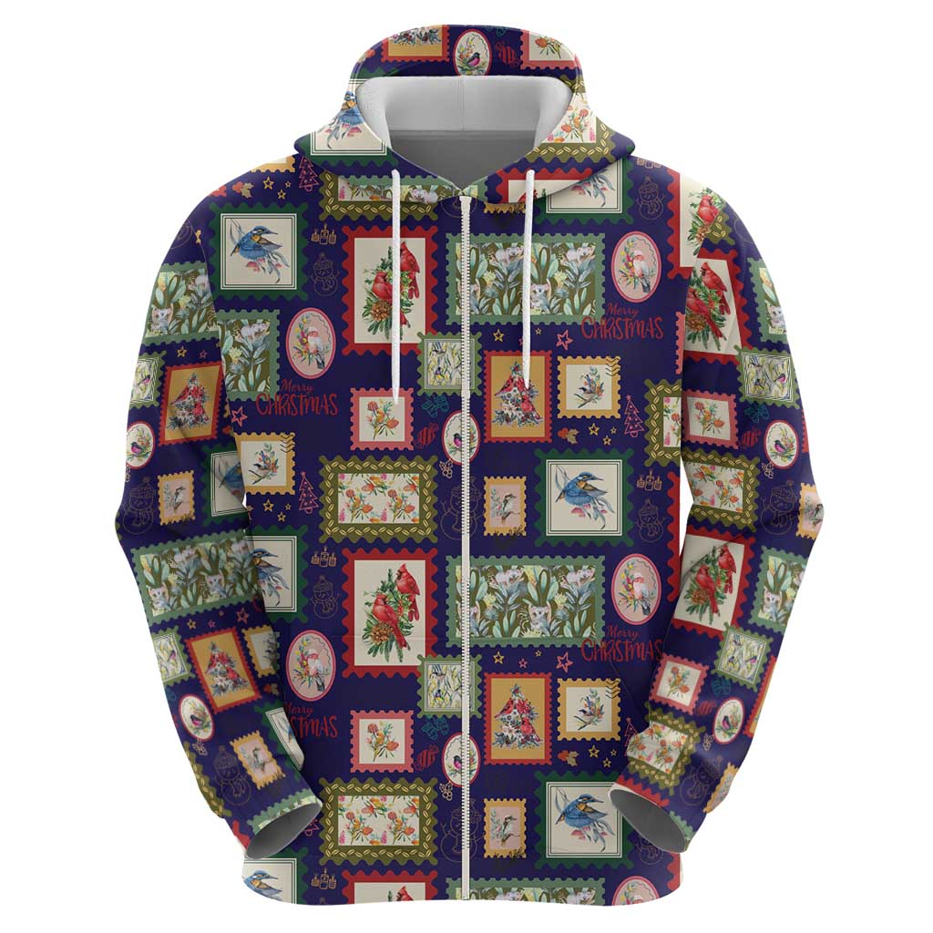 Aussie Birds Christmas La La Land Zip Hoodie Navy Blue Vintage Stamp Edition - Aussie Hoodie