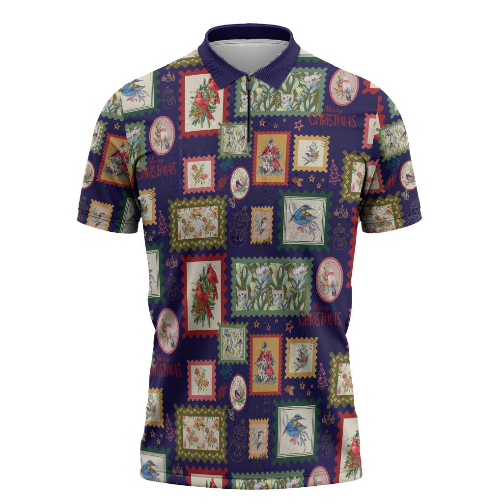 Aussie Birds Christmas La La Land Zipper Polo Shirt Navy Blue Vintage Stamp Edition - Aussie Hoodie