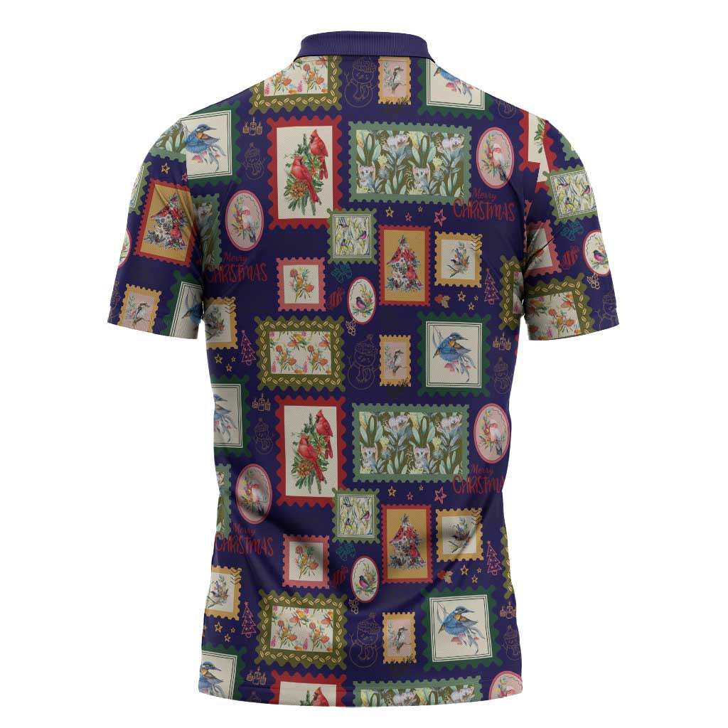 Aussie Birds Christmas La La Land Zipper Polo Shirt Navy Blue Vintage Stamp Edition - Aussie Hoodie