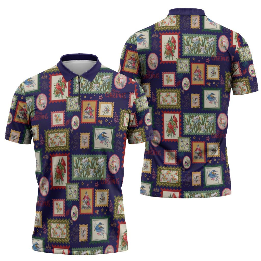 Aussie Birds Christmas La La Land Zipper Polo Shirt Navy Blue Vintage Stamp Edition - Aussie Hoodie