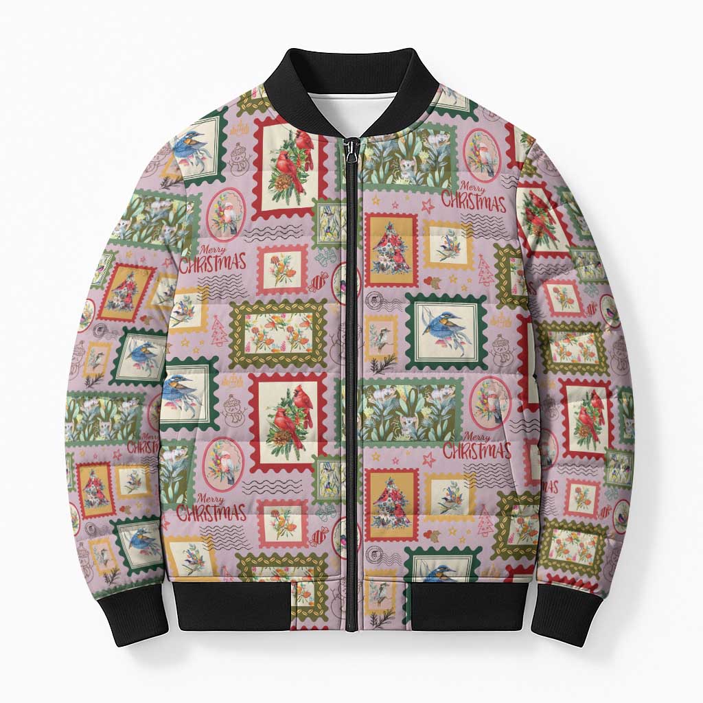 Aussie Birds Christmas La La Land Bomber Puffer Jacket Pink Vintage Stamp Edition - Aussie Hoodie