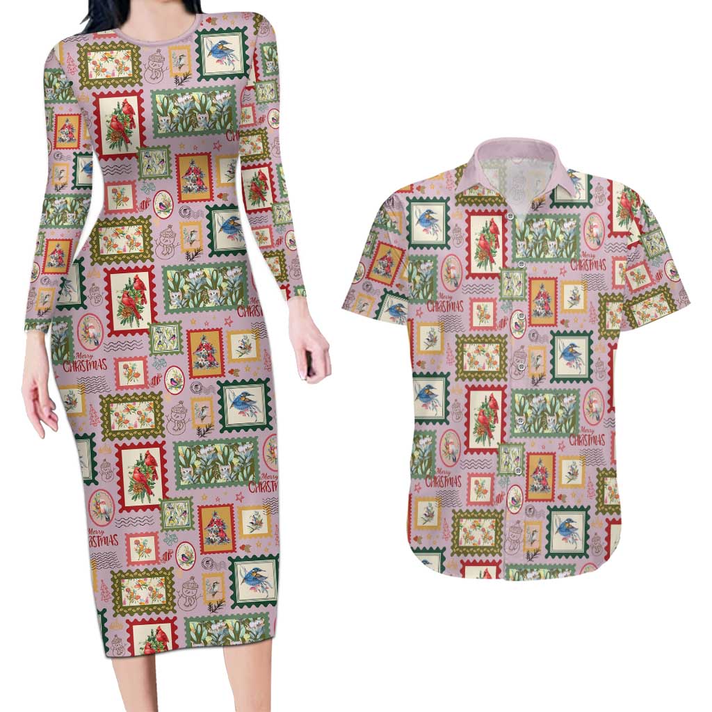 Aussie Birds Christmas La La Land Couples Matching Long Sleeve Bodycon Dress and Hawaiian Shirt Pink Vintage Stamp Edition - Aussie Hoodie