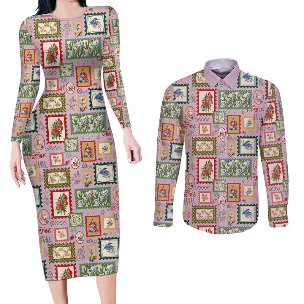 Aussie Birds Christmas La La Land Couples Matching Long Sleeve Bodycon Dress and Long Sleeve Button Shirt Pink Vintage Stamp Edition - Aussie Hoodie