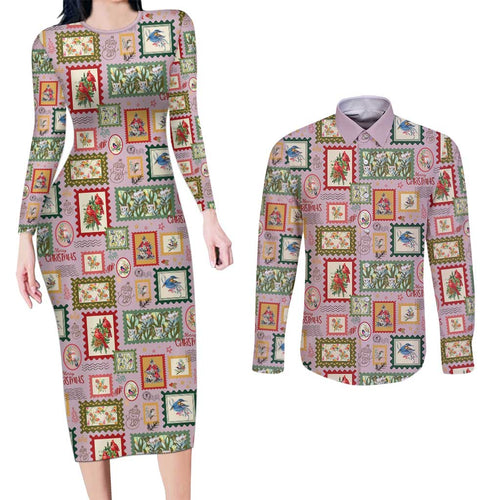 Aussie Birds Christmas La La Land Couples Matching Long Sleeve Bodycon Dress and Long Sleeve Button Shirt Pink Vintage Stamp Edition - Aussie Hoodie