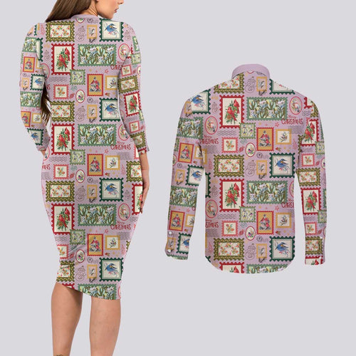 Aussie Birds Christmas La La Land Couples Matching Long Sleeve Bodycon Dress and Long Sleeve Button Shirt Pink Vintage Stamp Edition - Aussie Hoodie