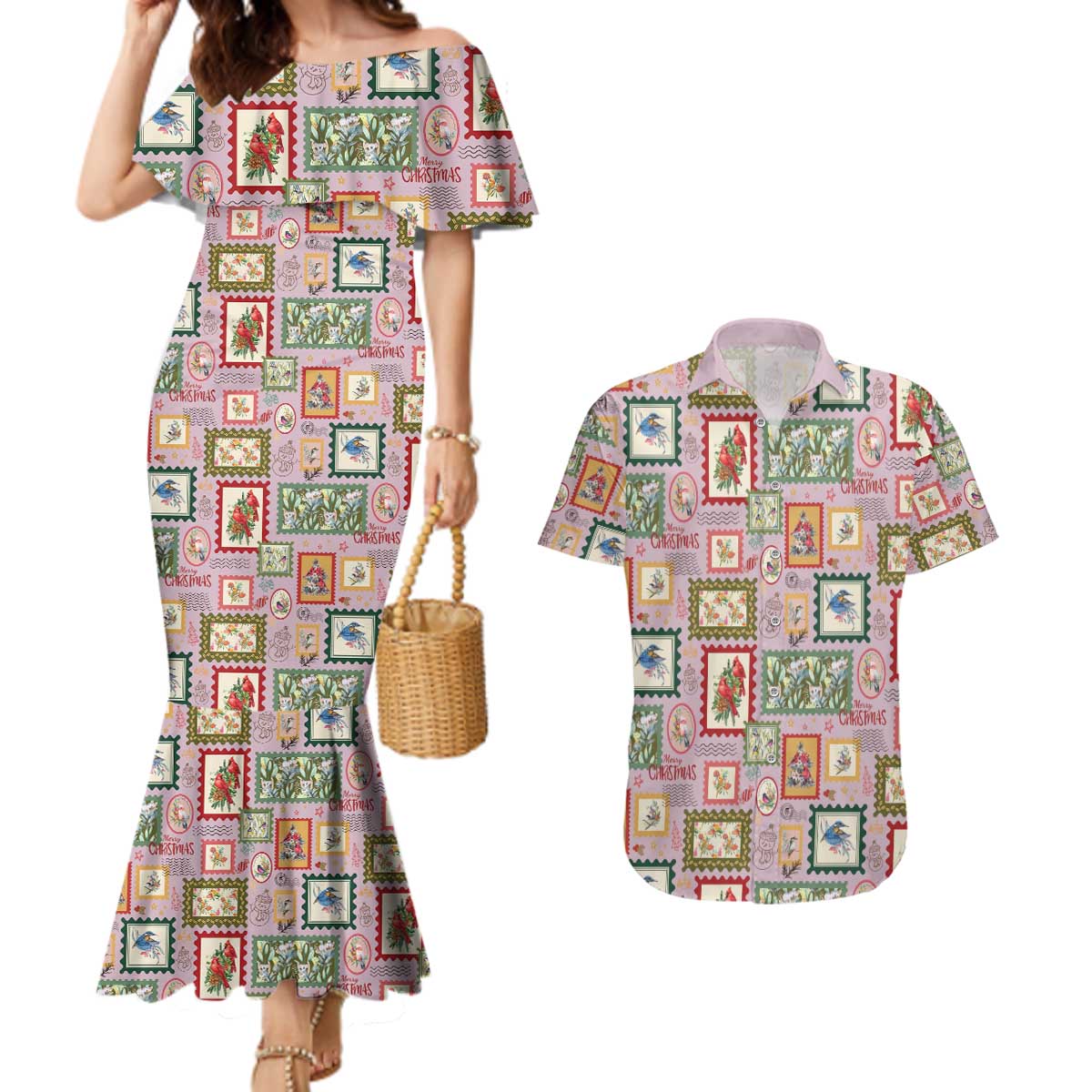 Aussie Birds Christmas La La Land Couples Matching Mermaid Dress and Hawaiian Shirt Pink Vintage Stamp Edition - Aussie Hoodie